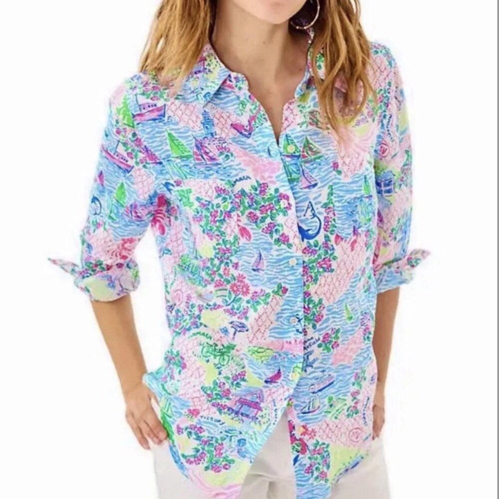 Linen Shirt Top Lilly Loves Martha’s Vineyard Lilly Pulitzer NWOT Linen Sea View